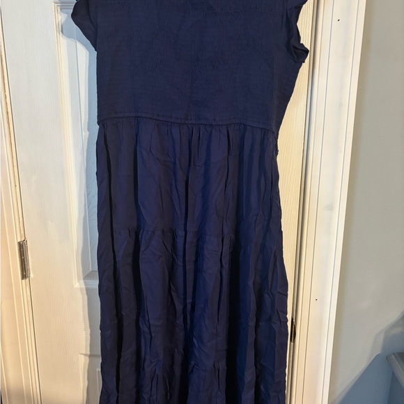Casual Ruffle Midi Dress V Neck Smocked Dress, Navy XL - Picture 4 of 5
